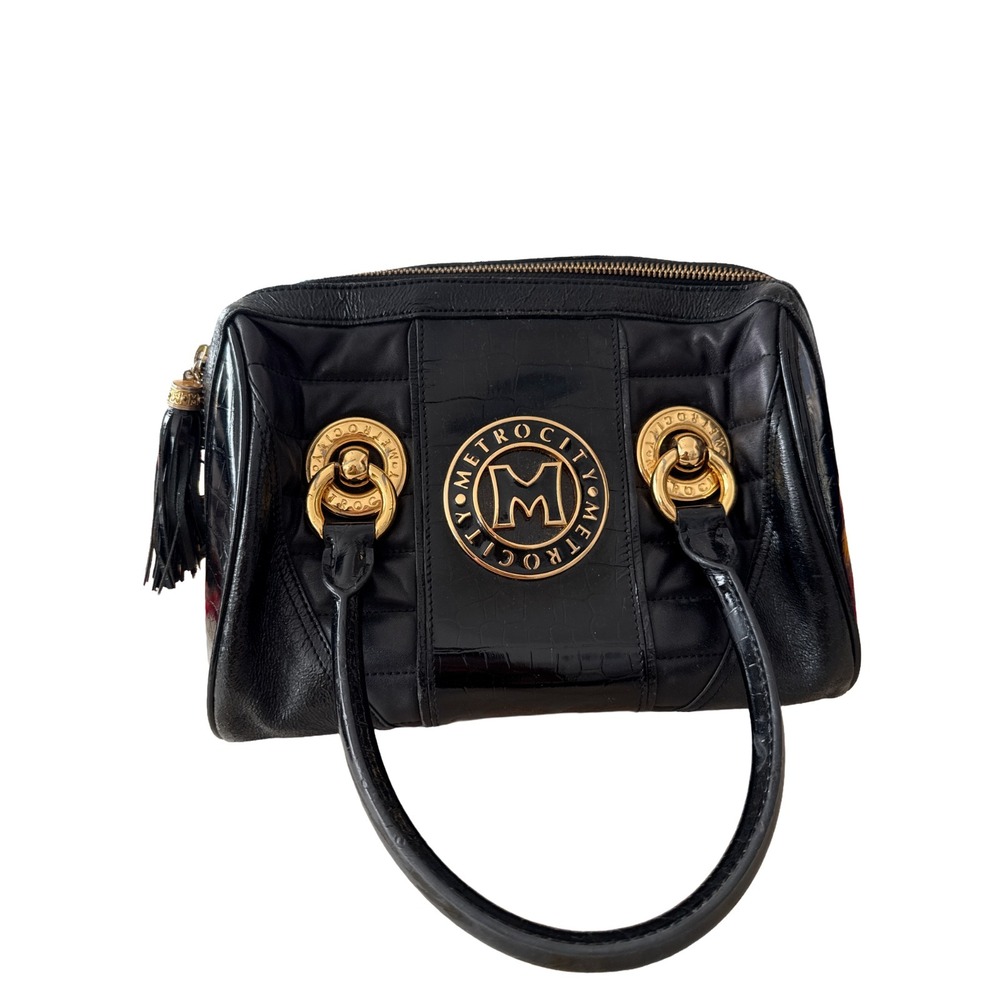 Metrocity Italy Black Patent Croc Embossed Leather Satchel Handbag Gold Tassel